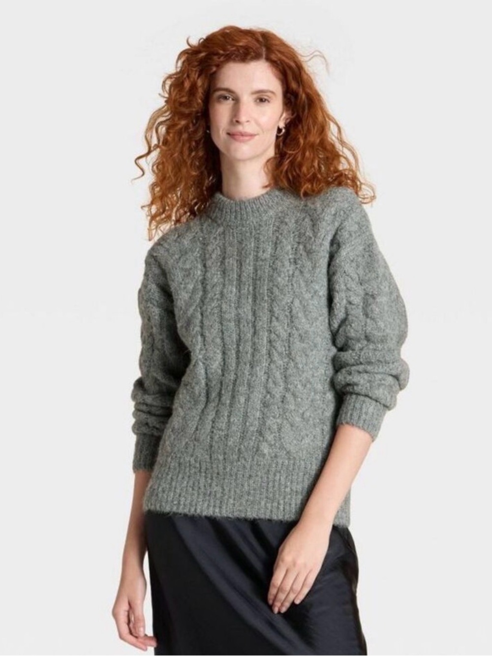 a new day Round Neck Cable Knit Pullover Sweater Gray L